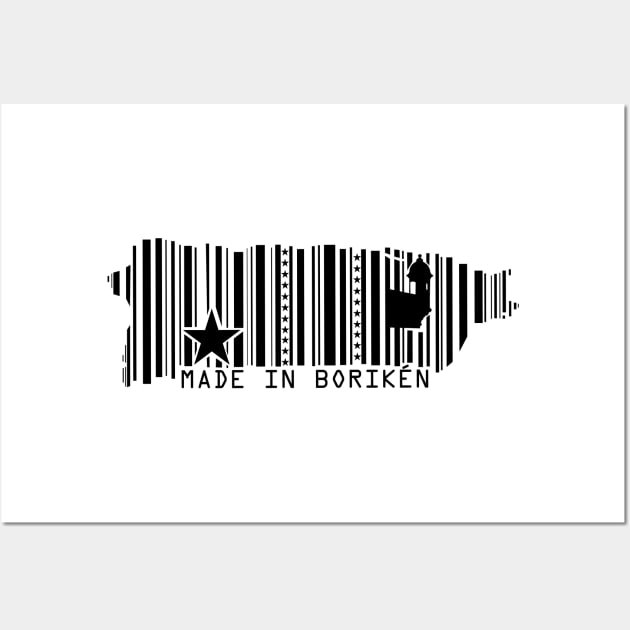 Puerto Rico Map Made in Boriken Symbols Barcode Black Design Wall Art by bydarling